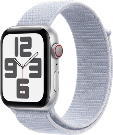 Apple Watch Se (Gps + Cellular) - 2. Generasjon - 44 Mm - Sølvaluminium - Smartklokke Med Sportssløyfe - Myk Dobbeltlagsnylon - Blå Sky - Håndleddstørrelse: 130-200 Mm - 32 Gb - Lte, Wi-Fi 4, Bluetooth - 4G - 33 G