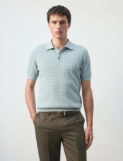 Mango 100% Cotton Braided Knitted Polo Shirt   Blue   L