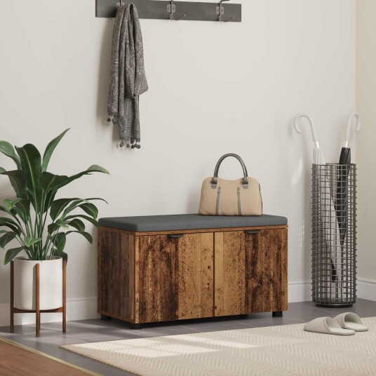 vidaXL Gangbenk med pute med hylle med dør Gammelt tre 80 x 38 x 46 cm