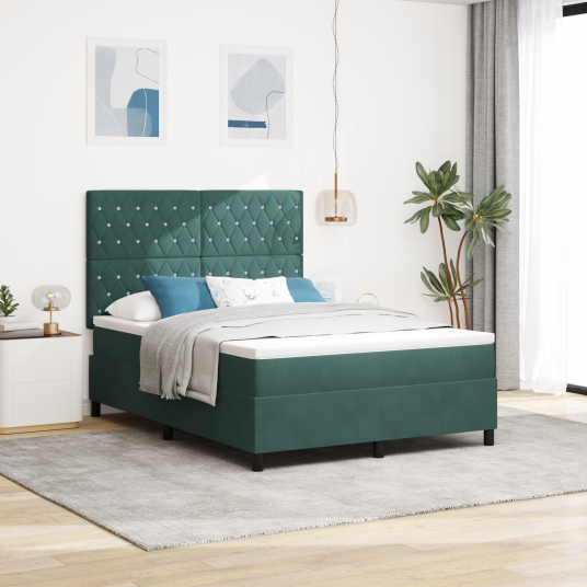 Box Spring Seng med Madrass & LED Mørkegrønn 160x200 cm Fløyel