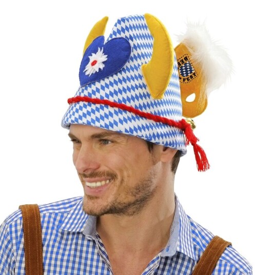 Widmann Blårutet Oktoberfest hatt m/horn, ølseidel og edelwiss
