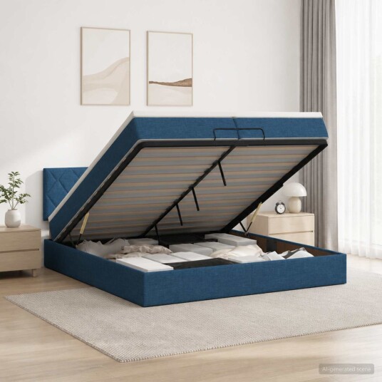 vidaXL Ottoman Seng med Madrass og LED Blå 200 x 200 cm Stoff