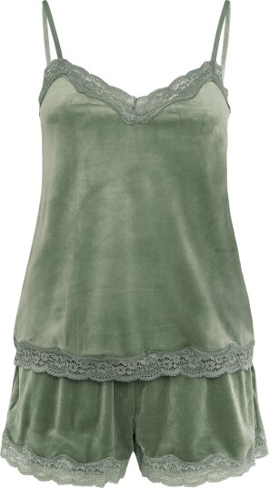 Hunkemöller Pj Cami Velours Scallop Lace - DARK OLIVE - XS