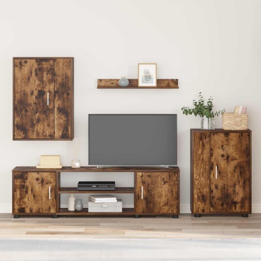 TV benksett Veggmontert 4 pcs Røkt Eik Konstruert tre TV benksett Veggmontert 4 pcs Røkt Eik Konstruert tre