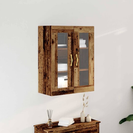 Vegghengt skap med glassdører Gamle treverk 69,5x34x90 cm