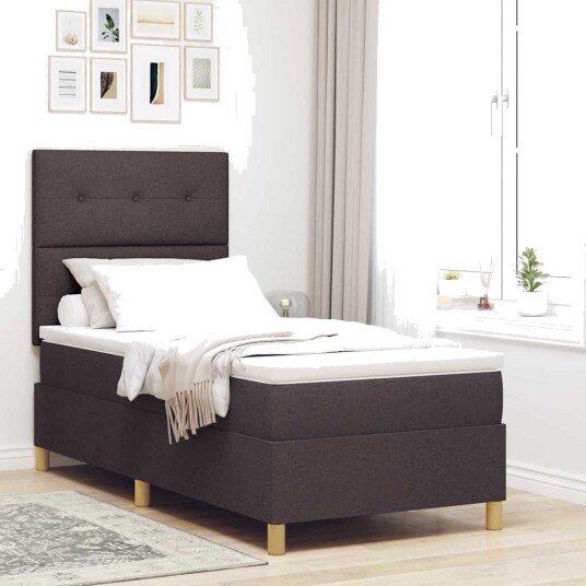 Boksfjær seng med madrass & LED mørkebrun 80x200 cm stoff