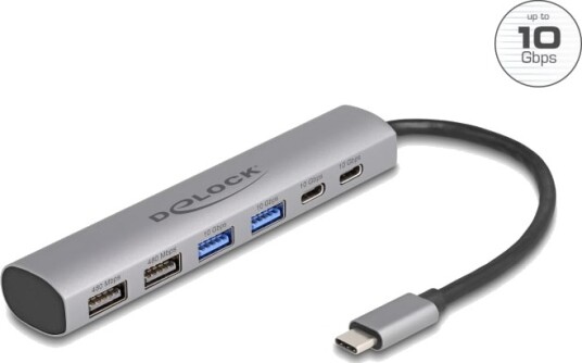 Delock 6-Porters Usb-Hub Med 4 X Usb Type-A-Kontakt Og 2 X Usb Type-C-Kontakt