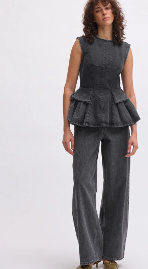 REMAIN Birger Christensen Peplum Denim Top   Grey   34