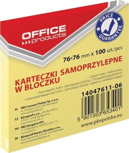 Office Products Selvklebende Notatark 76X76 Mm Gul 14047611 06 100 Stk