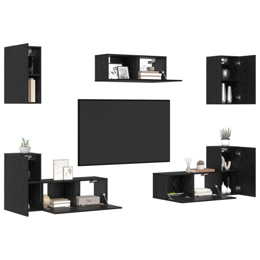 TV benksett Veggmontert 7 pcs Svart eik Konstruert tre TV benksett Veggmontert 7 pcs Svart eik Konstruert tre