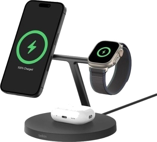 Belkin 3-i-1 Qi2 15W Hurtiglader for iPhone og Apple Watch - Trådløs Lader, Svart