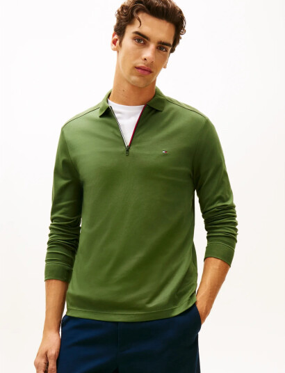 Tommy Hilfiger Ls Liquid Rwb Zip Reg Polo - Green - M