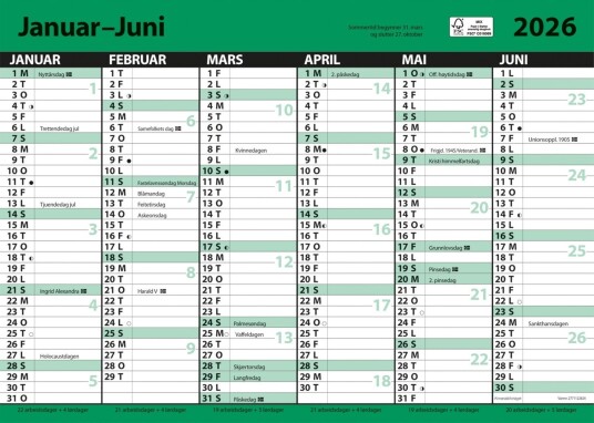 Kalender 2026 7.Sans Kontorkalender Enkel A3 Linje