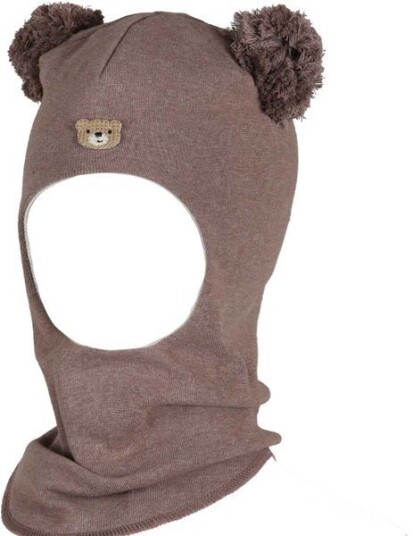 Kivat balaclava vår og høstlue i bomull m/bamse Brunmelert 1 2 år