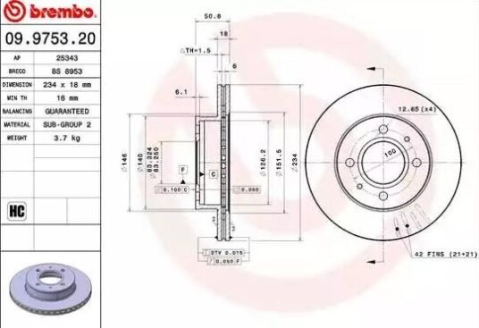 Bremseskive BREMBO 09.9753.21 Bremseskive BREMBO 09.9753.21