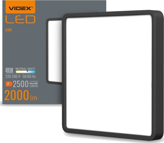 Videx 24W kvadratisk LED taklampe   26,4 x 26,4 cm sort kant 4000K IP20 innendørs inkl. lyskilde   Kulør : Nøytral