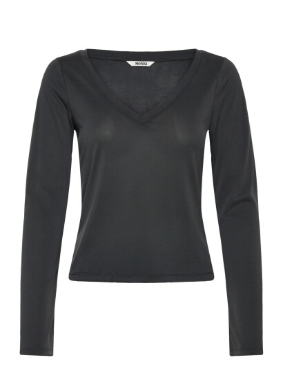 Monki Long Sleeved V Neck Top Black XS Monki Long Sleeved V Neck Top Black XS