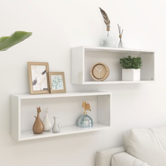 vidaXL Vegghyller kubeformet 2 stk h?yglans hvit 60x15x23 cm sponplate