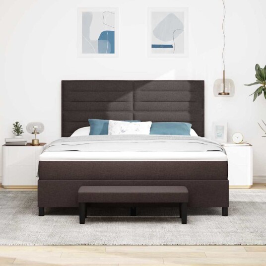Box Spring Seng med Madrass & Benk Mørk Brun 180x200 cm Stoff