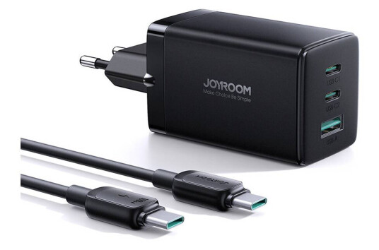 Joyroom 65W GaN Ultra Hurtiglader med 2x USB-C og 1,2m USB-C Kabel - Svart Joyroom 65W GaN Ultra Hurtiglader med 2x USB-C og 1,2m USB-C Kabel - Svart