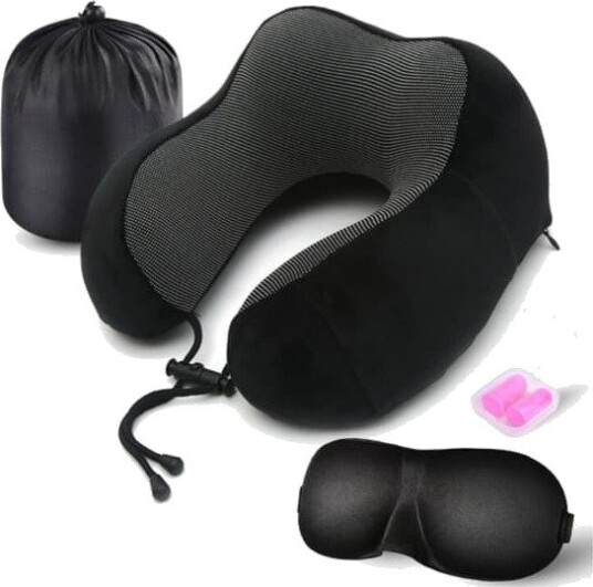 Reisepute, cervical pute 100% memory foam, med komfortabelt og pustende trekk, oppfriskende pute for flyreisesett, med 3D-øyemaske, caps