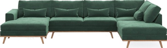 Copenhagen 5 seters Høyrevendt U formet Sofa med Divan og Sjeselong i Fløyel Mørk grønn