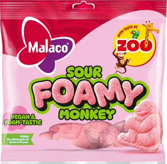 Malaco Zoo Foamy Monkey Sour   Surt Skumgodteri med Fruktsmak 115 gram
