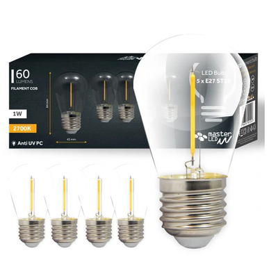 5 stk 1W LED pære - ST14, COB filament, klart glas, E27 - Dimbar : Ikke dimbar, Kulør : Varm