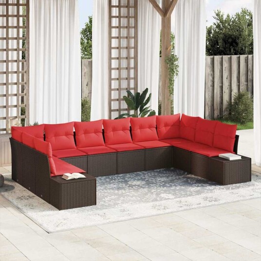 vidaXL Hagesofa Set 10 stk. 9-Antall seter Brun og rød Polyrattan