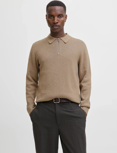 Jack & Jones Jprblamilano Stitch Knit Zip Polo Sn - Beige - S