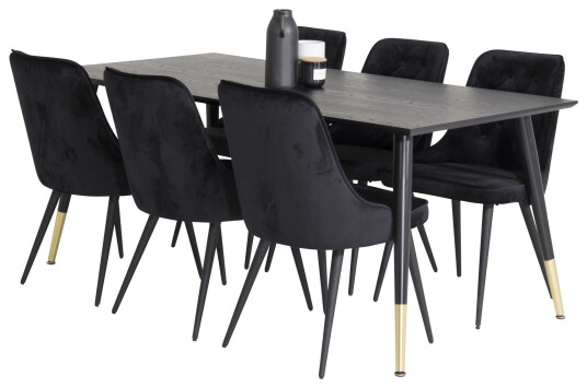 Venture Design Dipp & Velvet spisegruppe Svart/svart 6 st stoler & bord 180 x 90 cm