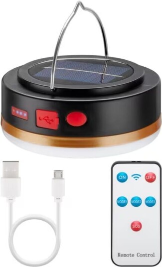 Goobay LED-solcellcampinglampa med IR-fjärrkontroll med 6 ljuslägen, solpanel, Li-ion-batteri 18650 (3,7 V, 2000 mAh), powerbank-funktion och USB-kabe
