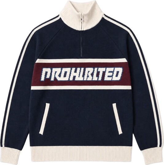 Prohibited Letterman Knitted Quarter Zip NAVY M Prohibited Letterman Knitted Quarter Zip NAVY M