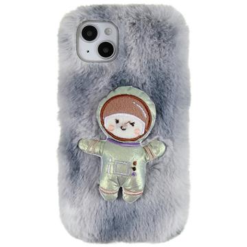 3D Plush Furry Winter iPhone 14 Plus TPU-deksel Grå Spaceman