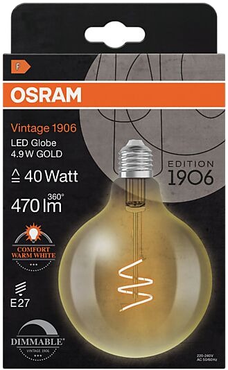 Osram led dekorasjonspære e27 g95 40 470lm gold dim varmere lys Osram led dekorasjonspære e27 g95 40 470lm gold dim varmere lys