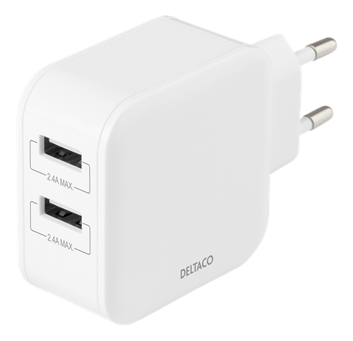 Deltaco 24W Vegglader med 2 USB-A porter, 4.8A - Hvit