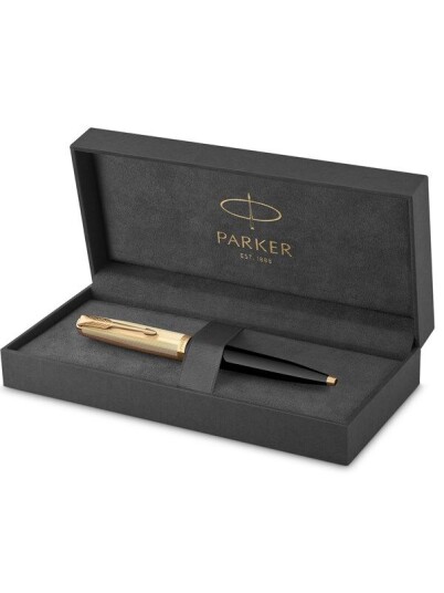 Parker 51 Ballpoint Pen  Deluxe Svart Barrel with Gull Trim  Medium 18k Gull Point with Svart Ink Refill  Gift Box