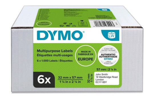 DYMO LW multifunksjonelle etiketter, 32mm x 57mm, 6 ruller med 1000 stk. (6000 stk. i alt), selvklebende, original