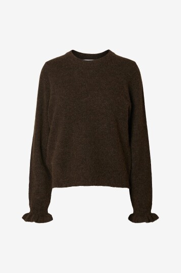 Selected FEMME - Genser slfLulu LS Knit Frill Cuff O-neck N - Brun