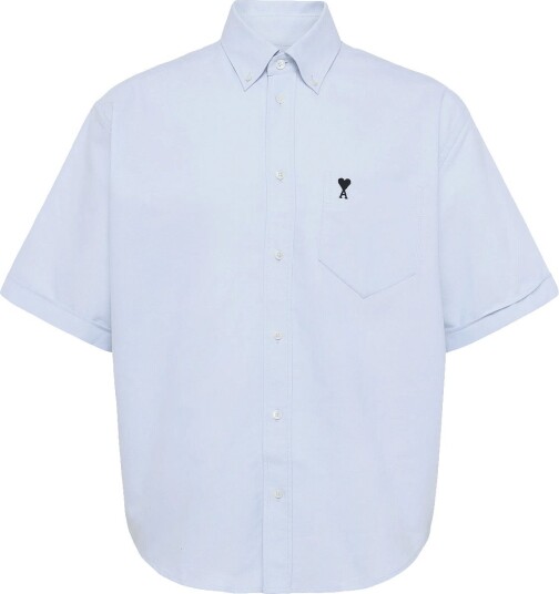 AMI Button Down Short Sleeve Shirt Ami De Coeur In Cotton Oxford Blue 40 AMI Button Down Short Sleeve Shirt Ami De Coeur In Cotton Oxford Blue 40
