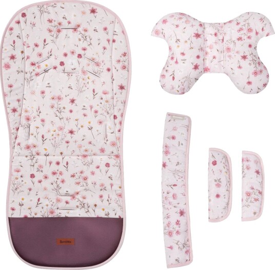 Sensillo Deluxe Velvet Bloom Vogninnlegg med pute frontbøyleog selebeskyttelse Rosa