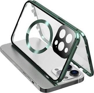 Dobbeltsidig herdet glass + magnetisk metallramme Anti-Drop Case for iPhone 15 Kompatibel med MagSafe Phone Cover med spennelås -