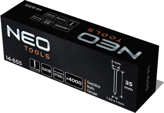 NEO Tools Spiker 14-655 Til Trykkluftstiftemaskin 35 mm, GA18, Type 300F 4000 Stk.