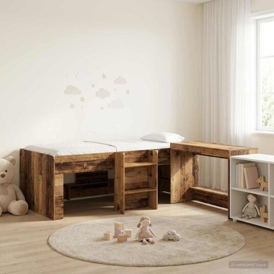  Barneseng med skrivebord Gammelt tre 75 x 190 cm Konstruert tre