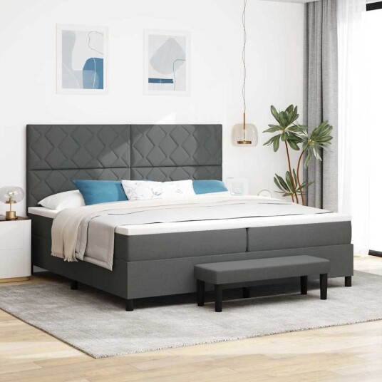 Box Spring Seng med madrass & benk mørk grå 200x200 cm stoff Box Spring Seng med madrass & benk mørk grå 200x200 cm stoff