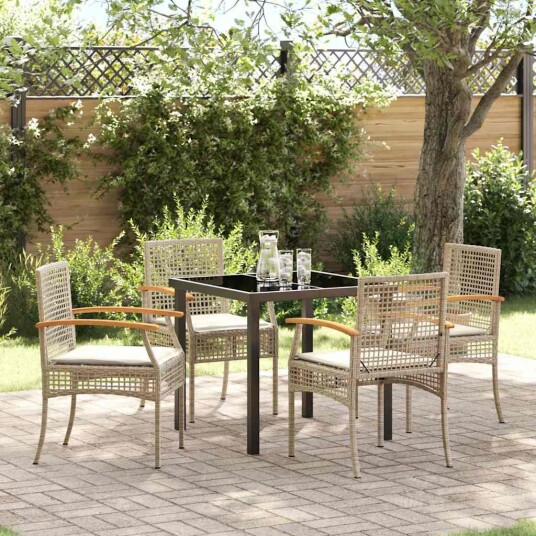 5 Deler Hage Spisebordsett med Puter Beigefarget Poly Rattan