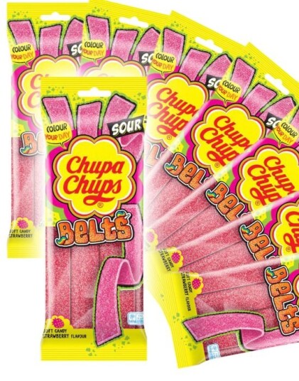 18 stk Chupa Chups Sour Belts Strawberry   Sure Jordbærbelter   Hel Eske 1,62 kg