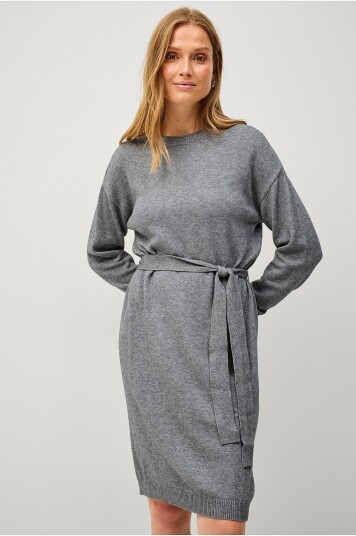 Vila Kjole viRil O neck L/S Belt Knit Dress Grå