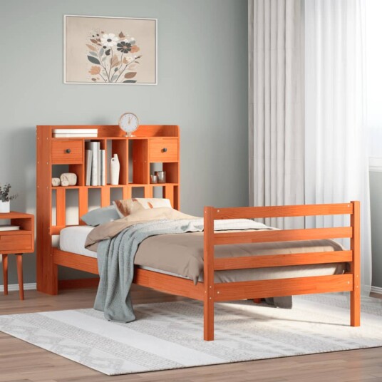  Seng med bokhylle uten madrass voksbrun 75x190 cm heltre furu 8721158607355