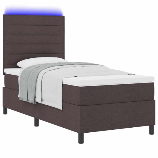 Boksfjederseng med Madrass & LED Mørk Brun 90x190 cm Stoff